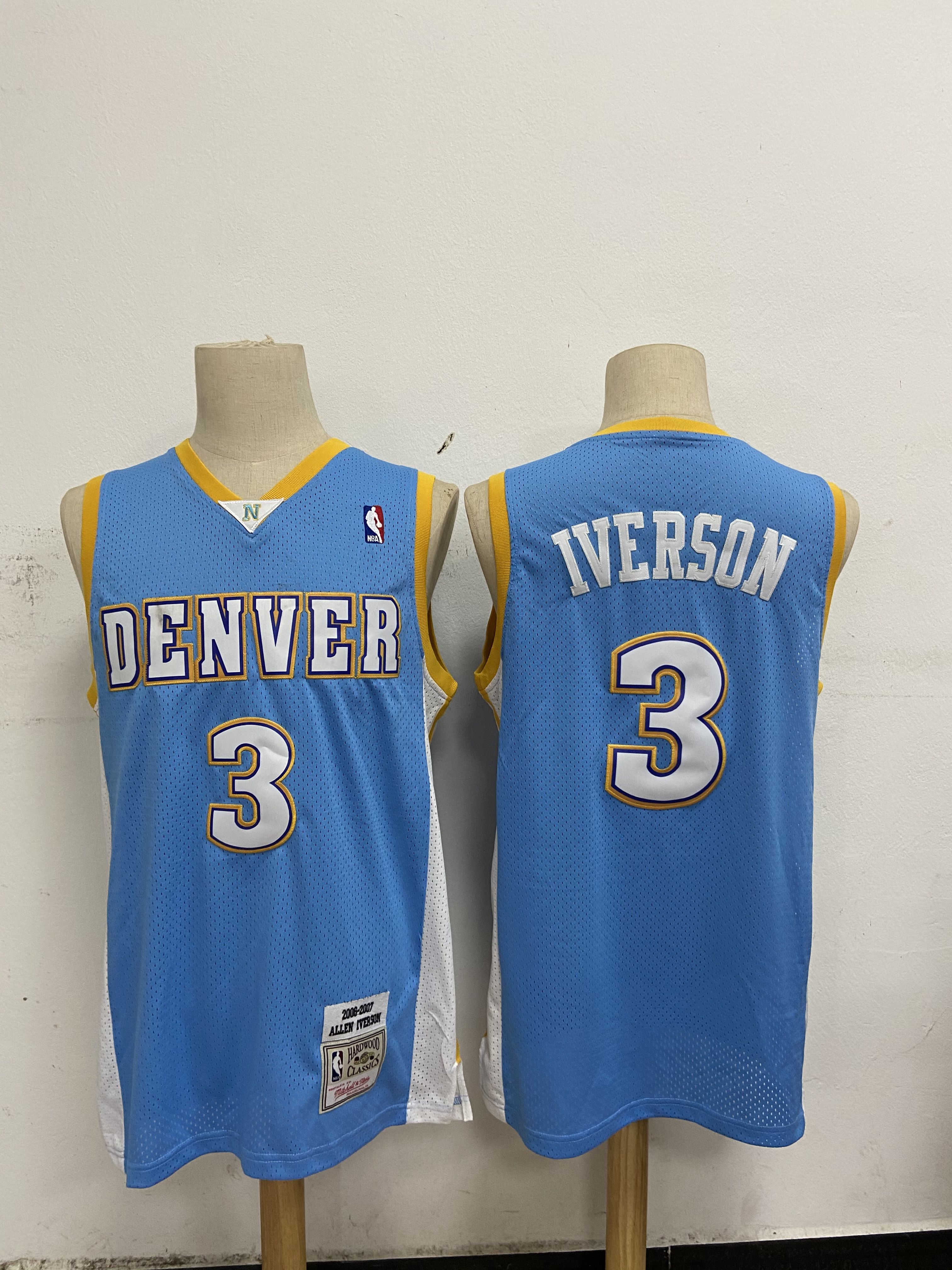 Cheap Men Denver Nuggets 3 Iverson Light Blue mesh Throwback NBA Jerseys
